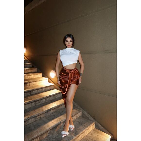 NWT Fashion Nova Valencia Wrap Satin Midi Skirt Bronze High Waist Plus Size 2X - Picture 4 of 12